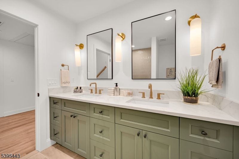 Bathroom, Dual Sink Vanities, Interior, Recessed Lighting, Wood Texture Flooring