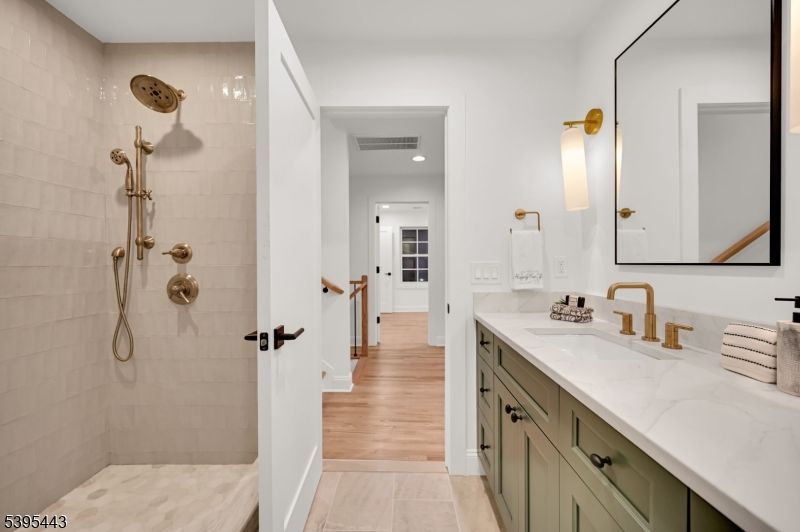 Bathroom, Dual Sink Vanities, Interior, Recessed Lighting, Wood Texture Flooring