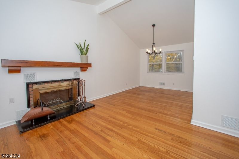 Empty room, Fireplace, Interior, Pendant Lights, Wood Texture Flooring