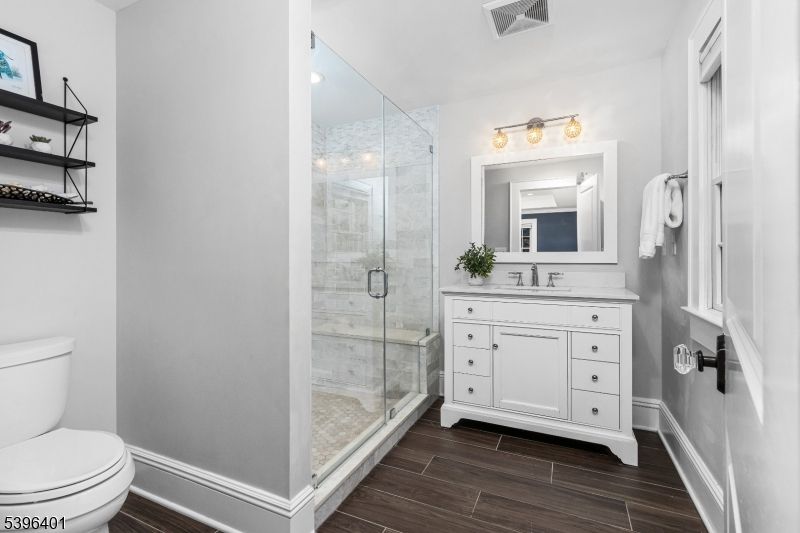 Bathroom, Glass Shower, Interior, Wood Texture Flooring