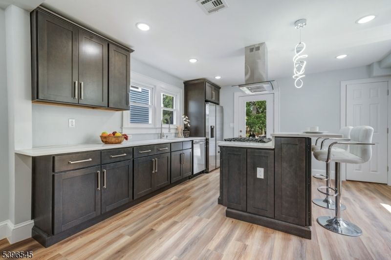 Interior, Kitchen, Pendant Lights, Recessed Lighting, Wood Texture Flooring