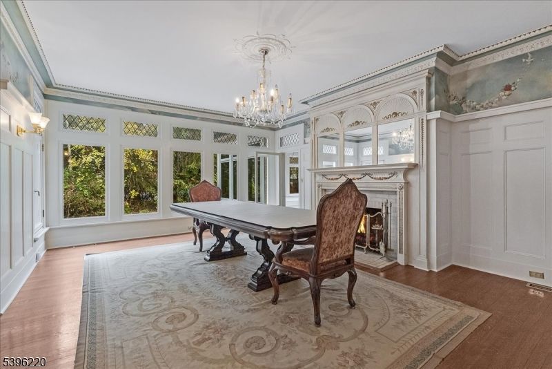 Chandelier, Fireplace, Home Office, Interior, Wood Texture Flooring