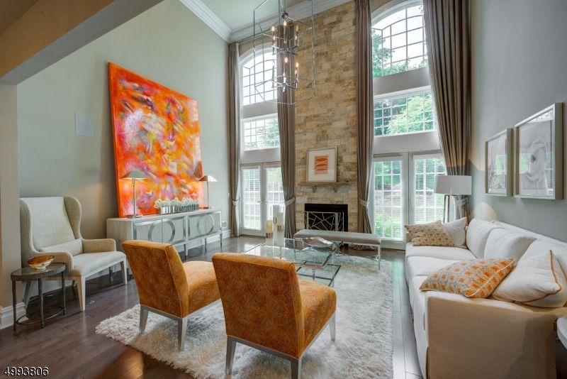 Fireplace, Interior, Living room, Pendant Lights, Stone Walls, Wood Texture Flooring