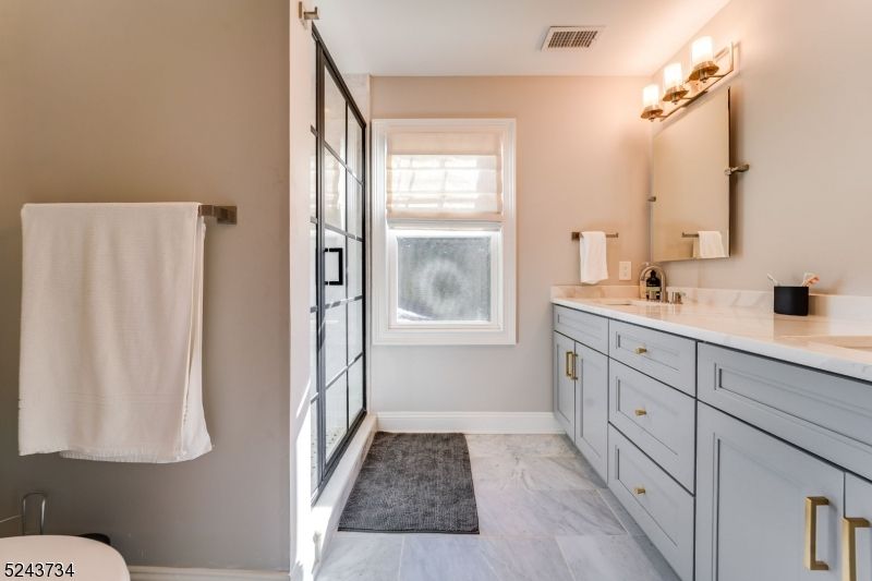 Bathroom, Dual Sink Vanities, Glass Shower, Interior, Marble