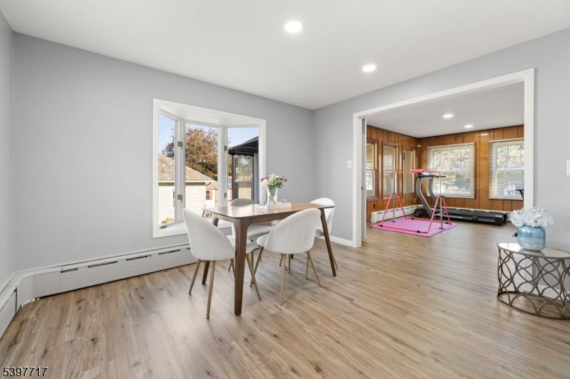 Dining room, Interior, Recessed Lighting, Wood Texture Flooring