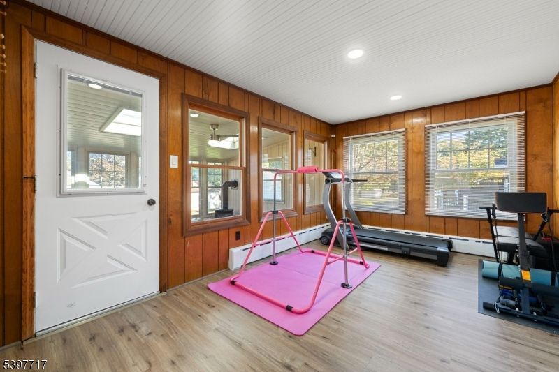 Fitness Equipment, Interior, Recessed Lighting, Wood Texture Flooring, Wooden Walls