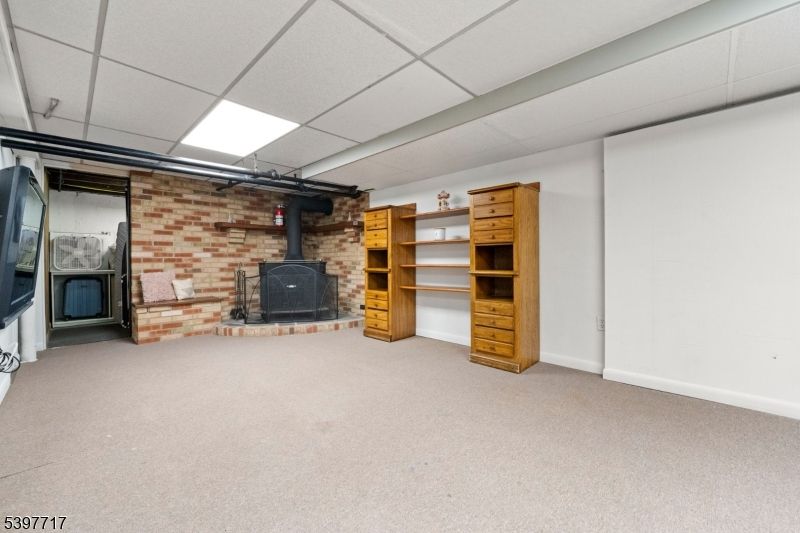 Empty room, Fireplace, Interior, Recessed Lighting, Stone Walls