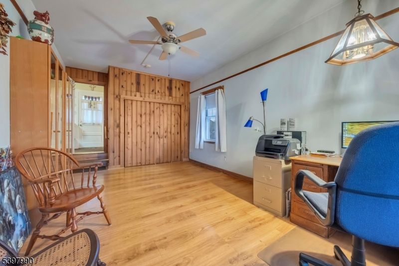 Home Office, Interior, Pendant Lights, Wood Texture Flooring, Wooden Walls