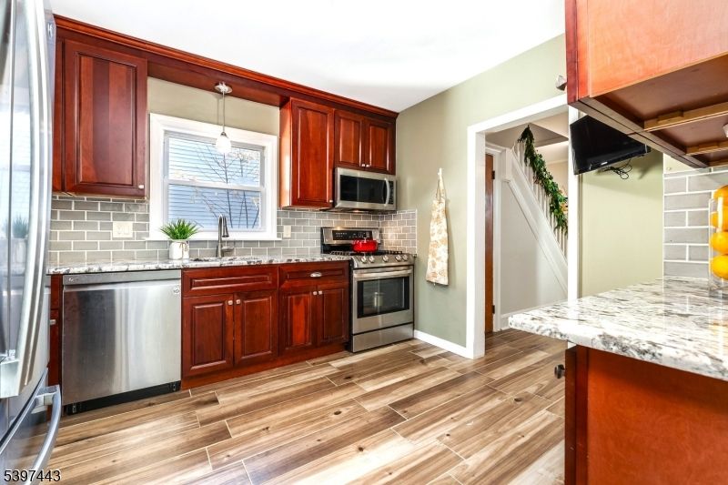 Interior, Kitchen, Pendant Lights, Stainless Steel Appliances, Wood Texture Flooring