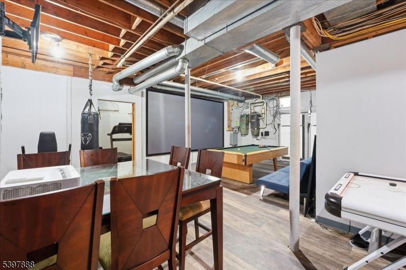 Billiard Table, Game Room, Interior, Wooden Beams, Wood Texture Flooring