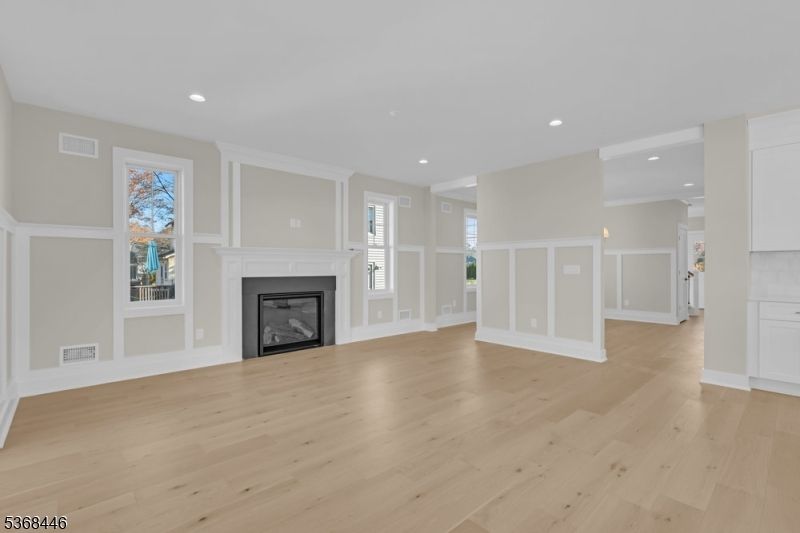 Empty room, Fireplace, Interior, Recessed Lighting, Wood Texture Flooring