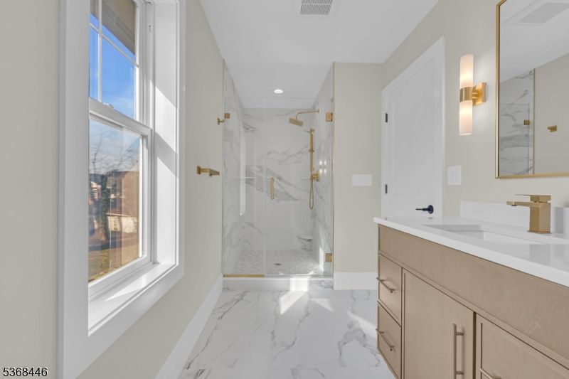 Bathroom, Glass Shower, Interior, Marble, Marble Walls, Recessed Lighting