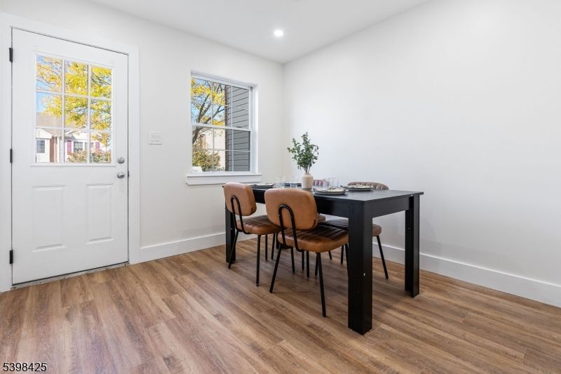 Dining room, Interior, Recessed Lighting, Wood Texture Flooring