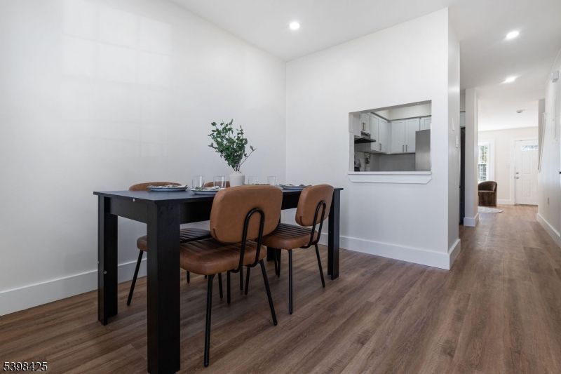 Dining room, Interior, Kitchen, Recessed Lighting, Wood Texture Flooring