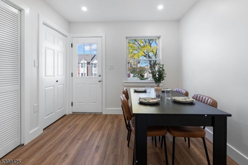 Dining room, Interior, Recessed Lighting, Wood Texture Flooring