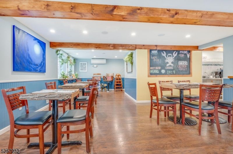 Dining room, Interior, Recessed Lighting, Wooden Beams, Wood Texture Flooring