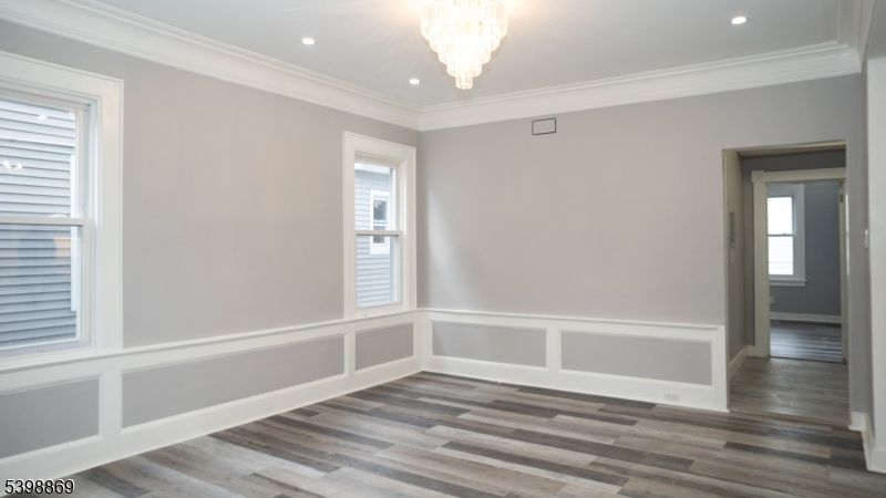 Chandelier, Empty room, Interior, Recessed Lighting, Wood Texture Flooring