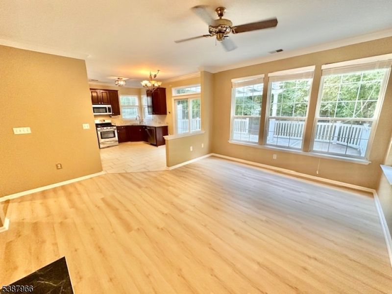 Chandelier, Empty room, Interior, Kitchen, Stainless Steel Appliances, Wood Texture Flooring