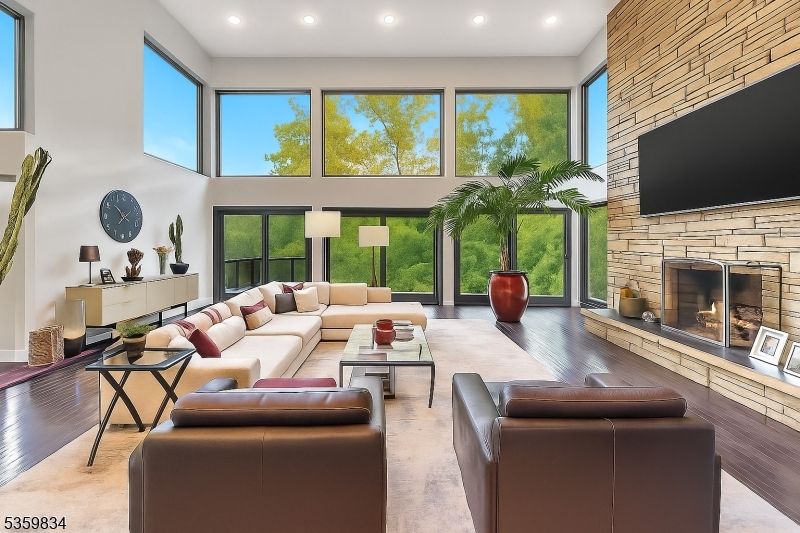 Fireplace, Interior, Living room, Recessed Lighting, Stone Walls, Wood Texture Flooring