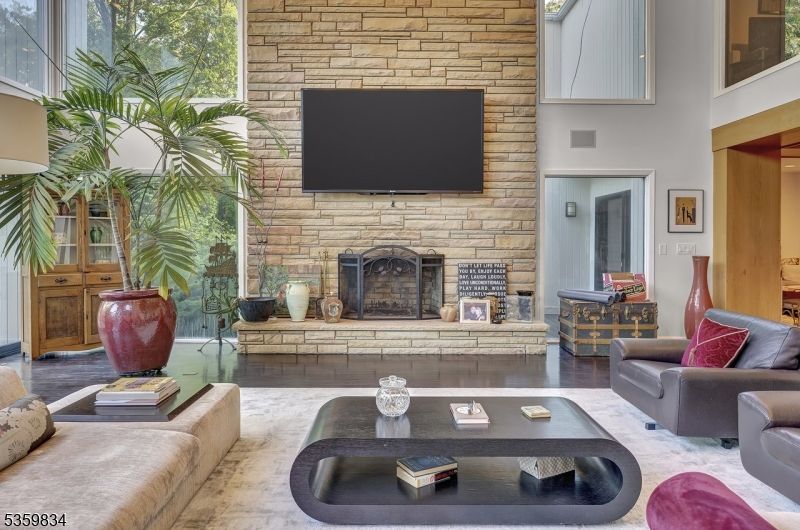 Fireplace, Interior, Living room, Stone Walls, Wood Texture Flooring