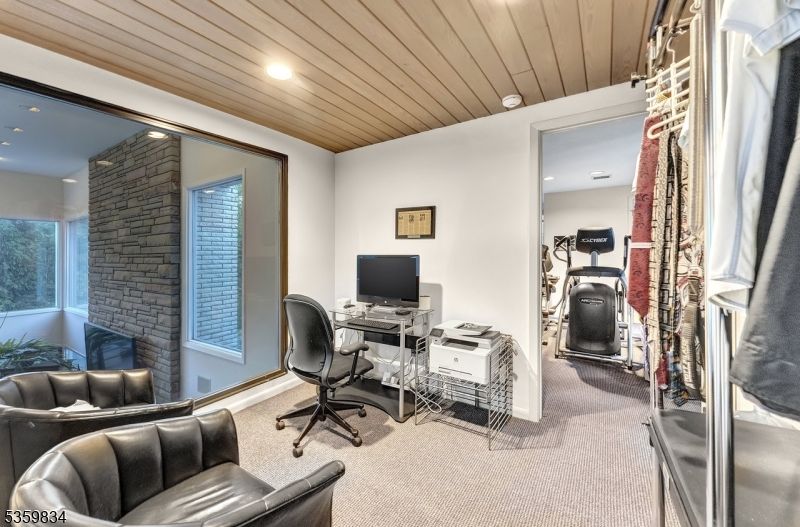 Fitness Equipment, Home Office, Interior, Recessed Lighting, Stone Walls, Wooden Ceilings