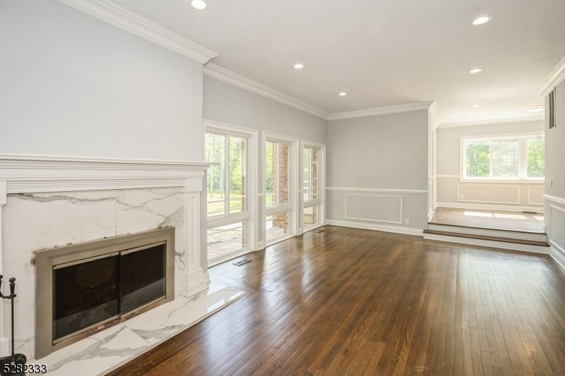 Empty room, Fireplace, Interior, Recessed Lighting, Wood Texture Flooring