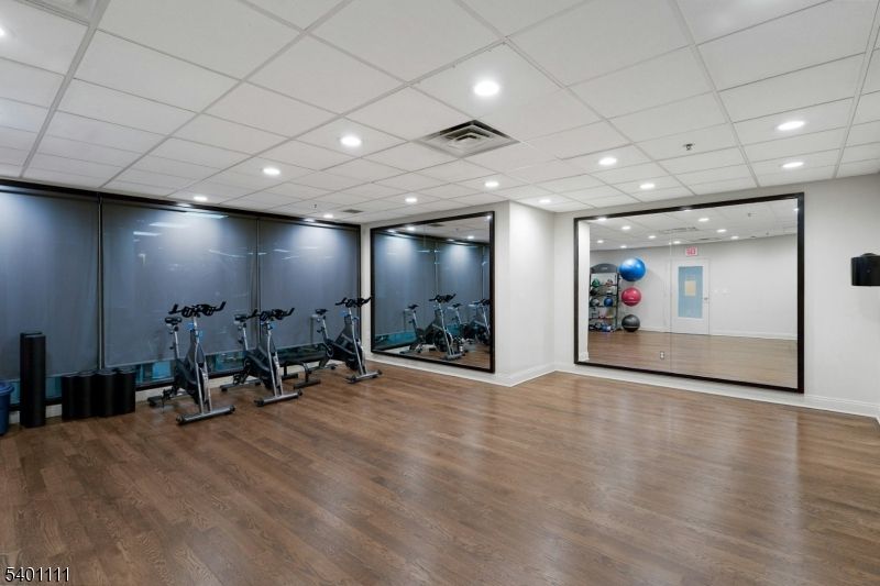 Fitness Equipment, Gym, Interior, Recessed Lighting, Wood Texture Flooring