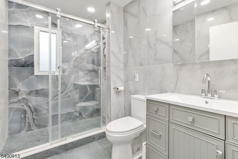 Bathroom, Glass Shower, Interior, Marble Walls, Recessed Lighting