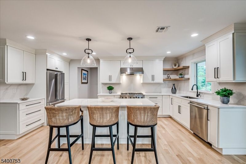 Interior, Kitchen, Pendant Lights, Recessed Lighting, Stainless Steel Appliances, Wood Texture Flooring