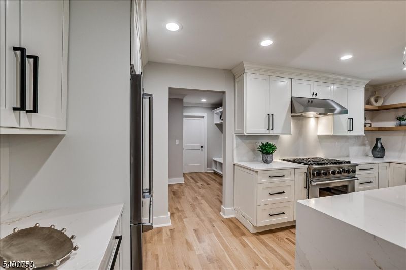 Interior, Kitchen, Recessed Lighting, Stainless Steel Appliances, Wood Texture Flooring