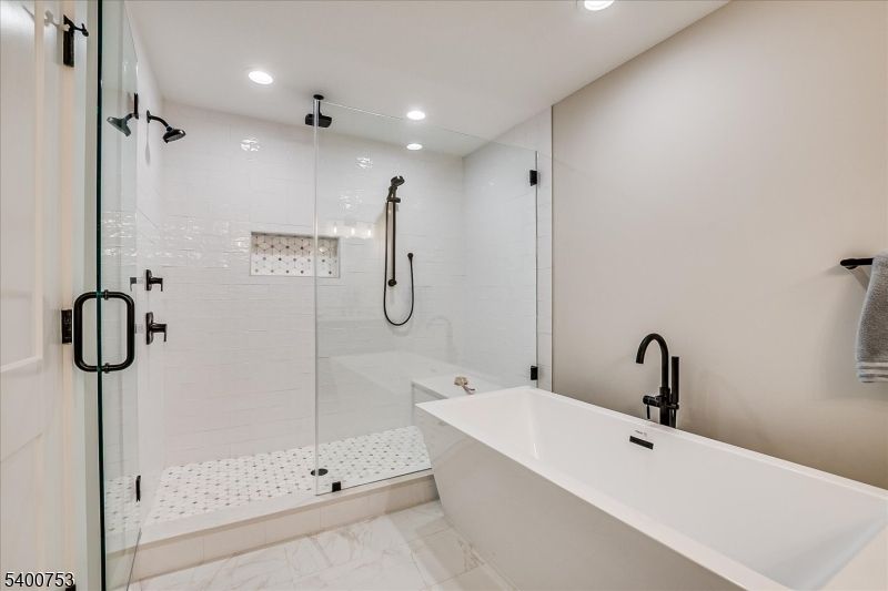 Bathroom, Free Standing Baths, Glass Shower, Interior, Marble, Recessed Lighting