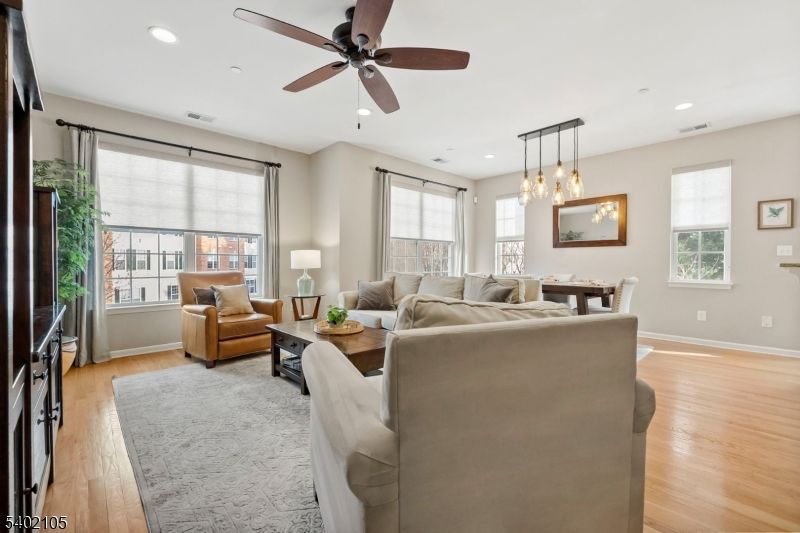 Dining room, Interior, Living room, Pendant Lights, Recessed Lighting, Wood Texture Flooring