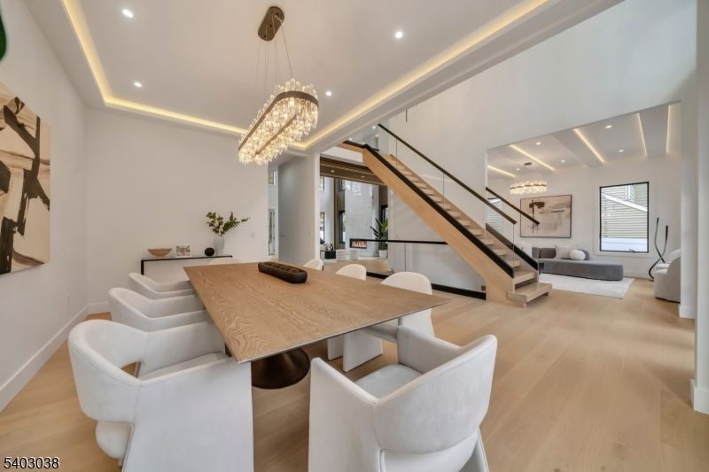 Chandelier, Dining room, Interior, Living room, Pendant Lights, Recessed Lighting, Wood Texture Flooring