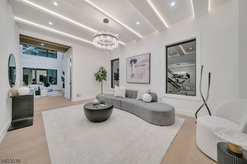 Chandelier, Interior, Living room, Recessed Lighting, Wood Texture Flooring