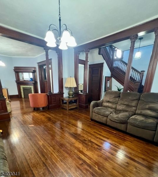 Chandelier, Fireplace, Interior, Living room, Pendant Lights, Wooden Beams, Wood Texture Flooring