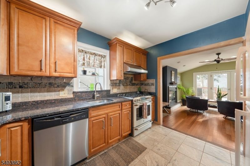 Fireplace, Interior, Kitchen, Living room, Stainless Steel Appliances, Wood Texture Flooring