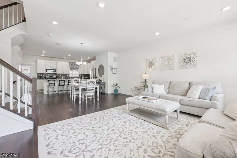 Dining room, Interior, Kitchen, Living room, Pendant Lights, Recessed Lighting, Stainless Steel Appliances, Wood Texture Flooring