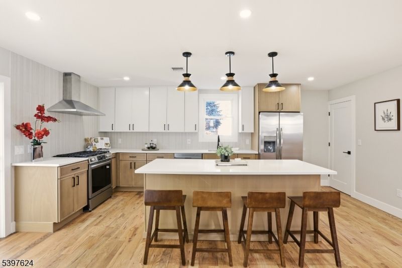 Interior, Kitchen, Pendant Lights, Recessed Lighting, Stainless Steel Appliances, Wood Texture Flooring