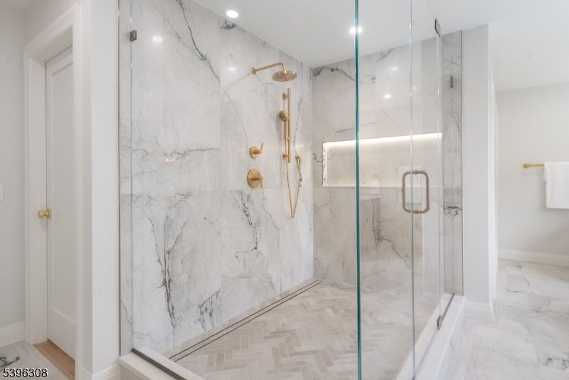 Bathroom, Glass Shower, Interior, Marble, Marble Walls, Recessed Lighting, Wood Texture Flooring