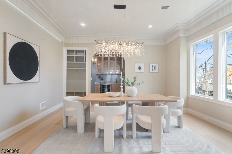 Dining room, Interior, Pendant Lights, Recessed Lighting, Wood Texture Flooring