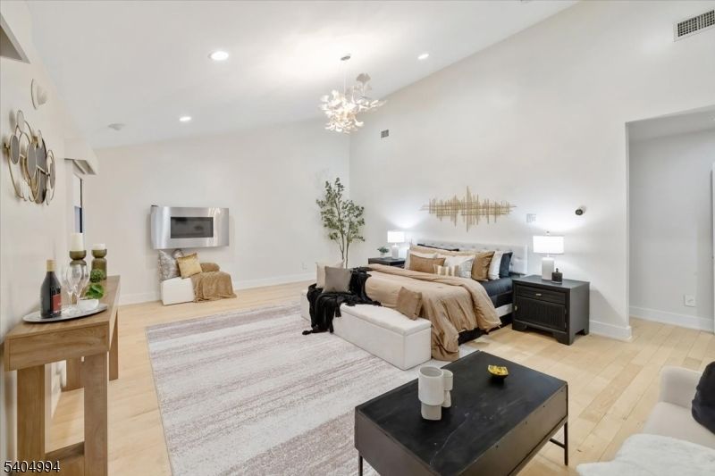 Bedroom, Chandelier, Interior, Living room, Pendant Lights, Recessed Lighting, Wood Texture Flooring