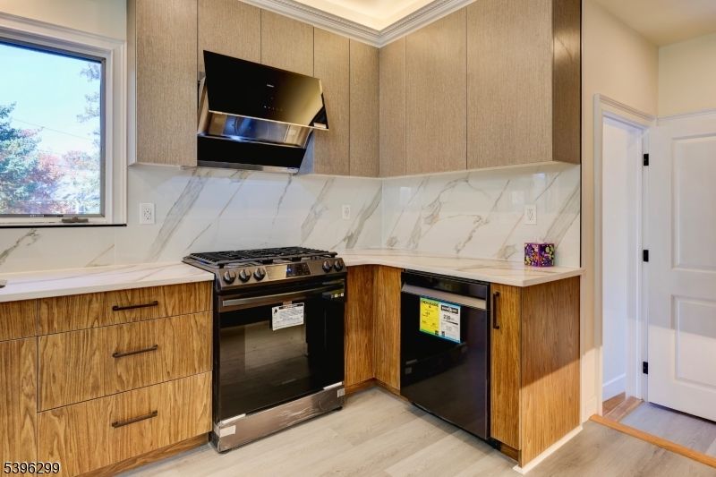 Interior, Kitchen, Marble Walls, Stainless Steel Appliances, Wood Texture Flooring