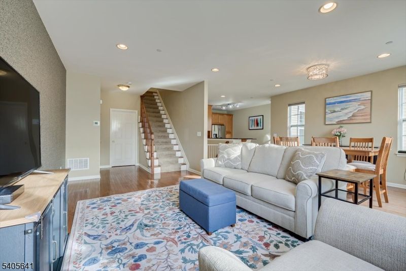 Dining room, Interior, Kitchen, Living room, Recessed Lighting, Wood Texture Flooring