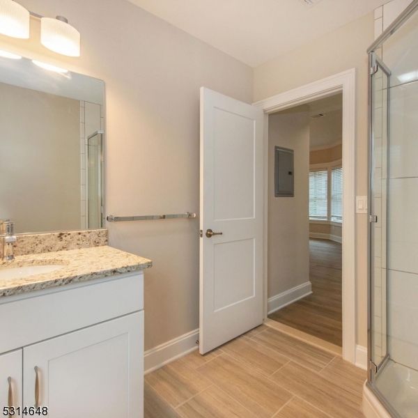 Bathroom, Glass Shower, Interior, Wood Texture Flooring