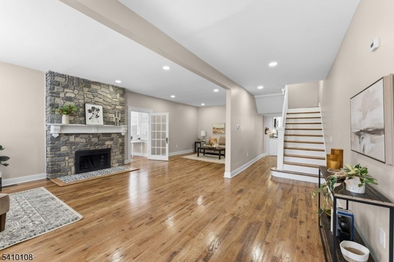 Fireplace, Interior, Recessed Lighting, Stone Walls, Wood Texture Flooring