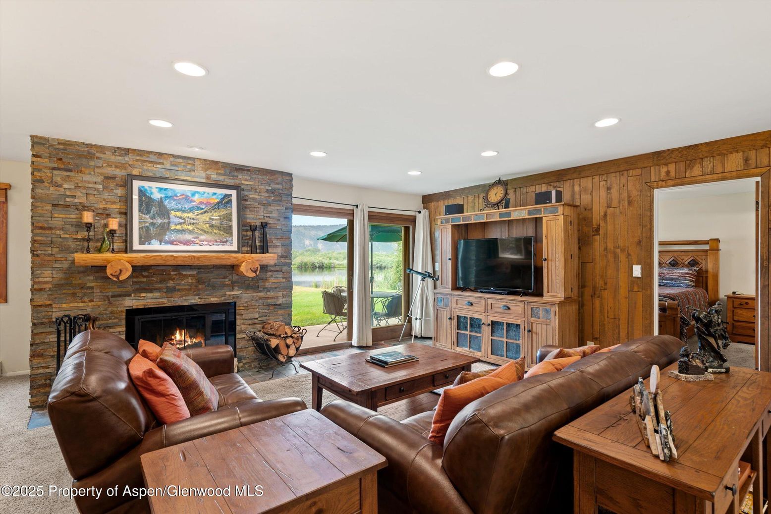 Fireplace, Interior, Living room, Recessed Lighting, Stone Walls, Wooden Walls