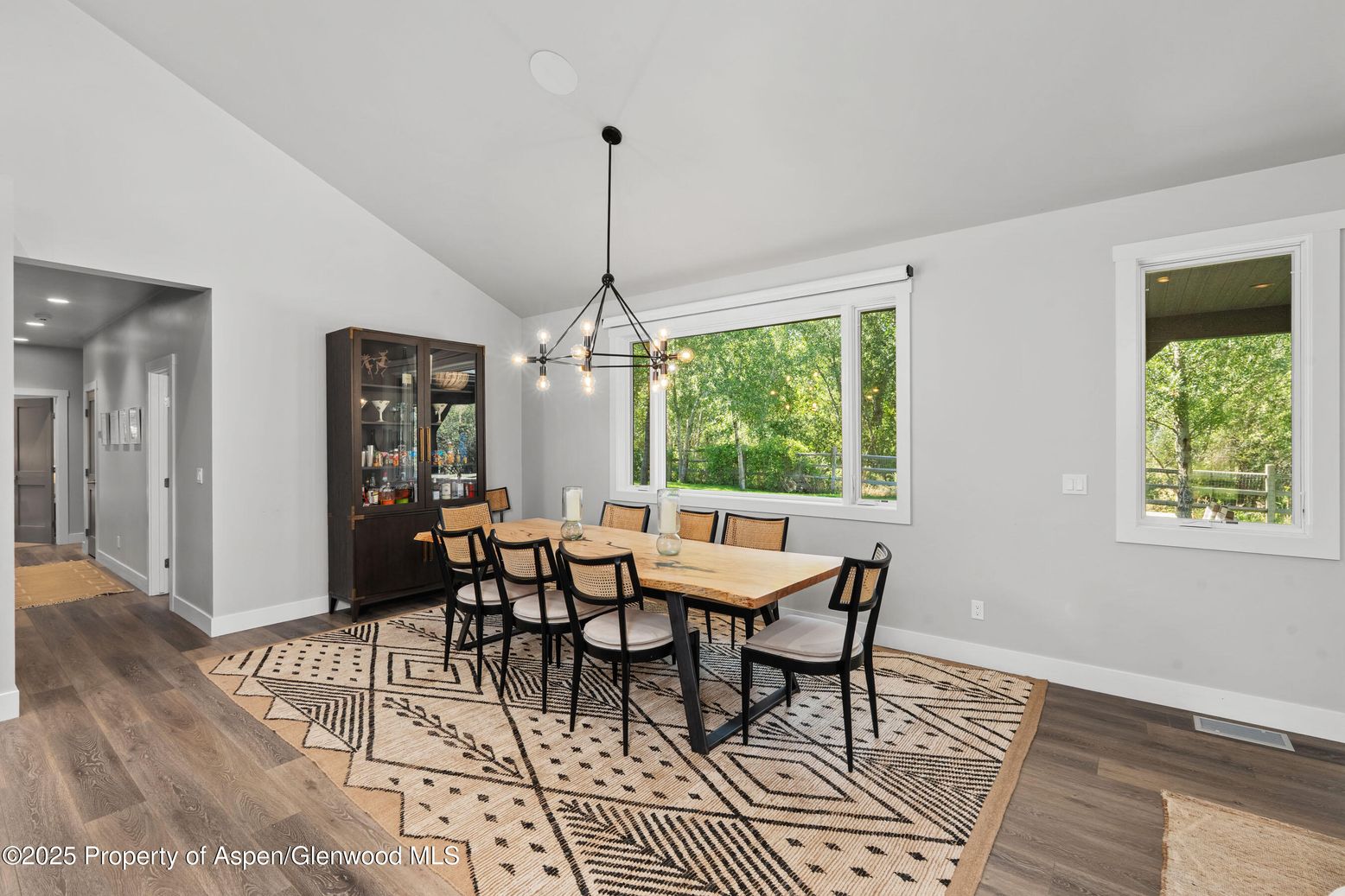 Dining room, Interior, Pendant Lights, Recessed Lighting, Wood Texture Flooring