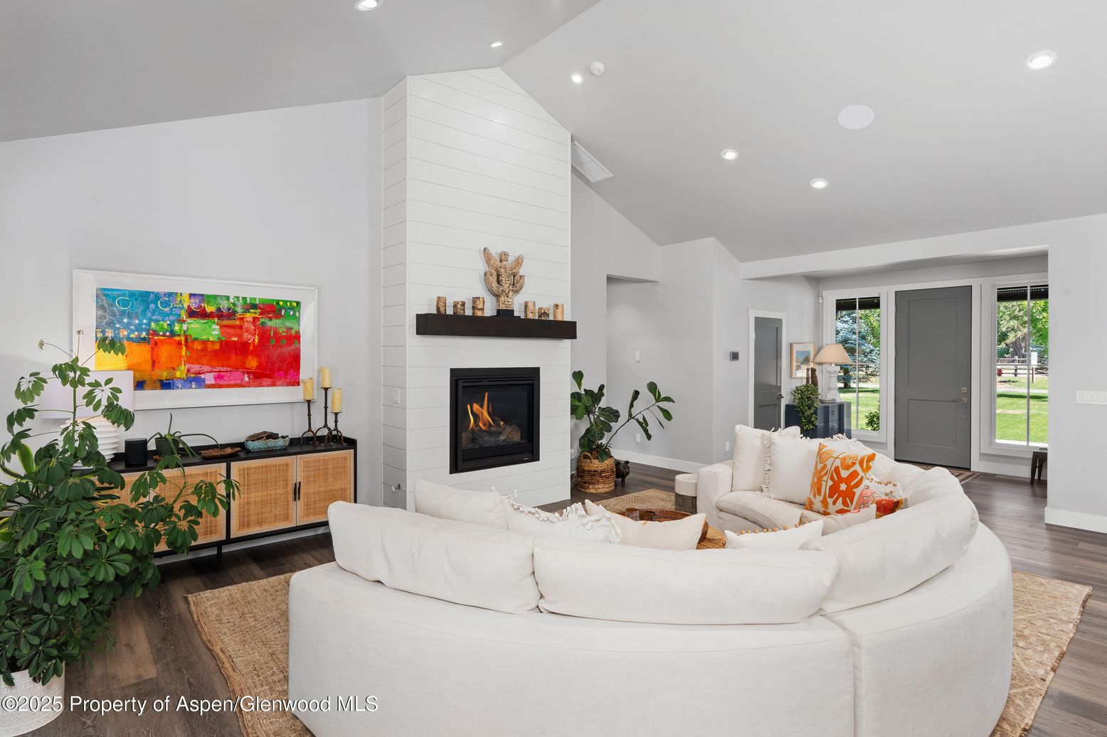 Fireplace, Interior, Living room, Recessed Lighting, Wood Texture Flooring