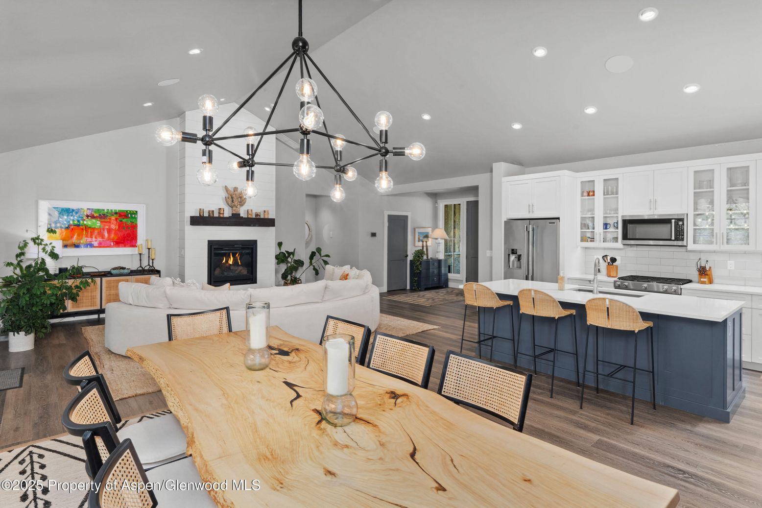 Dining room, Fireplace, Interior, Kitchen, Living room, Pendant Lights, Recessed Lighting, Stainless Steel Appliances, Wood Texture Flooring