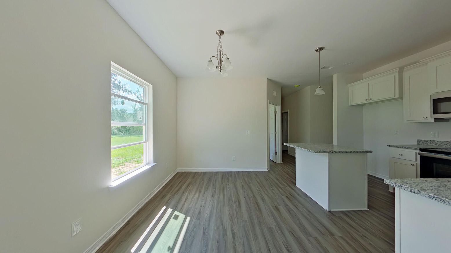 Empty room, Interior, Kitchen, Pendant Lights, Wood Texture Flooring